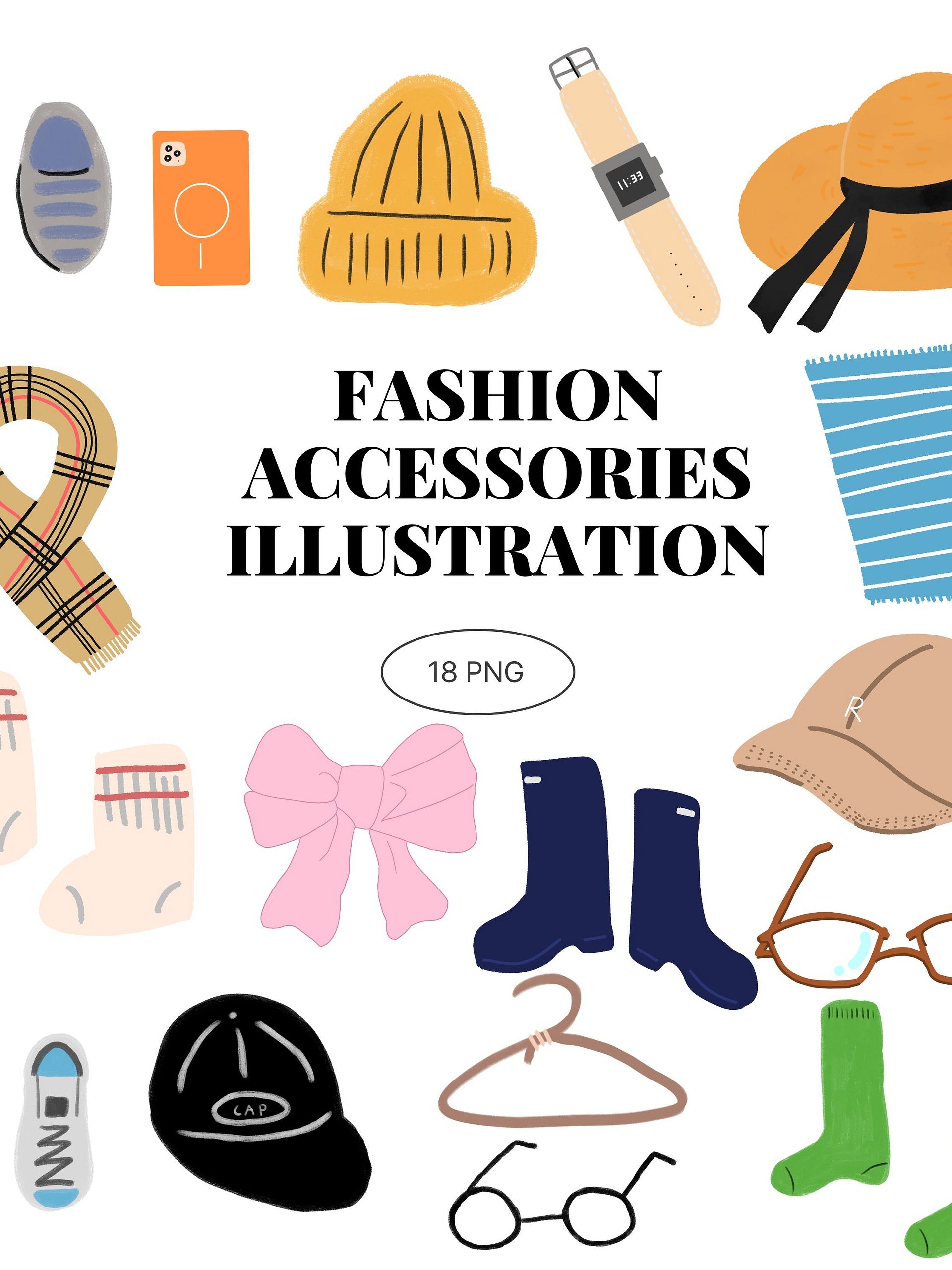 18 Hand-Drawn Fashion Accessories PNG Clipart Bundle product image (1)