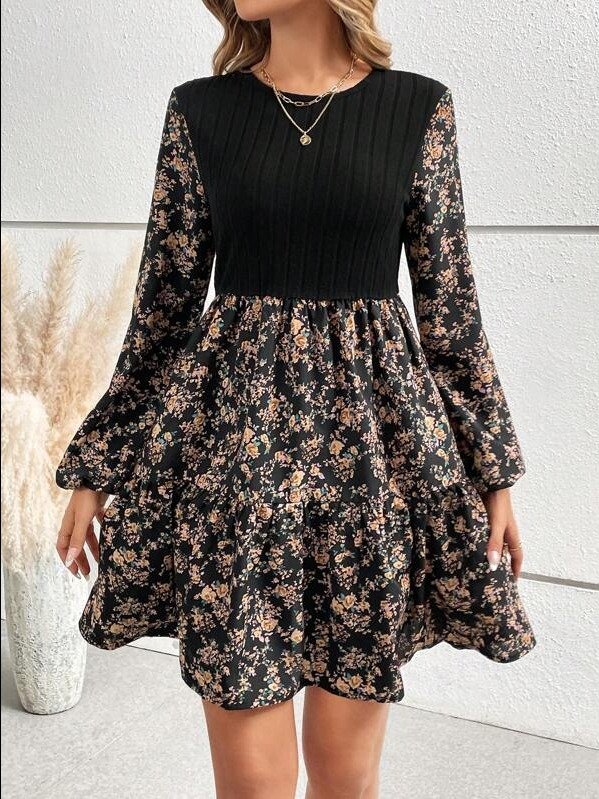 SHEIN LUNE Floral Print Lantern Sleeve Ruffle Hem Dress Fall Cloth For Women product image (2)