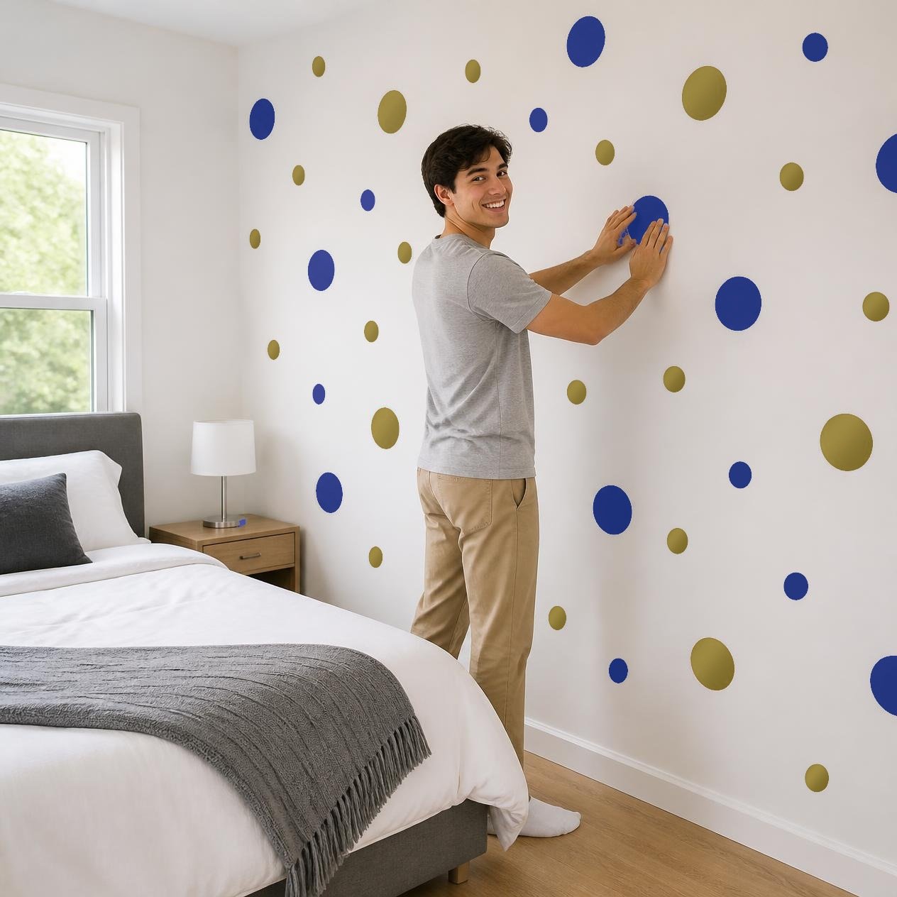 Metallic Gold and Navy Blue Polka Dot Wall Decals, 2" and 4" Vinyl Circle Stickers, Removable Dot Decals for Nursery, Kids Room, Playroom product image (4)