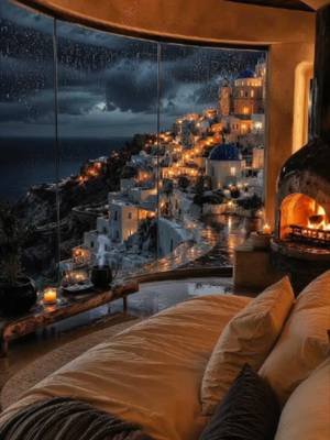 Rain on glass above the Aegean Sea with cozy fireplace warmth, relaxing rain ASMR, peaceful Santorini lights, and calming deep sleep ambience. Save this for your next rainy night 🌧️✨ Would this calm your mind? #rainydayvibes #cozyhome #rain #fireplace #rainyday