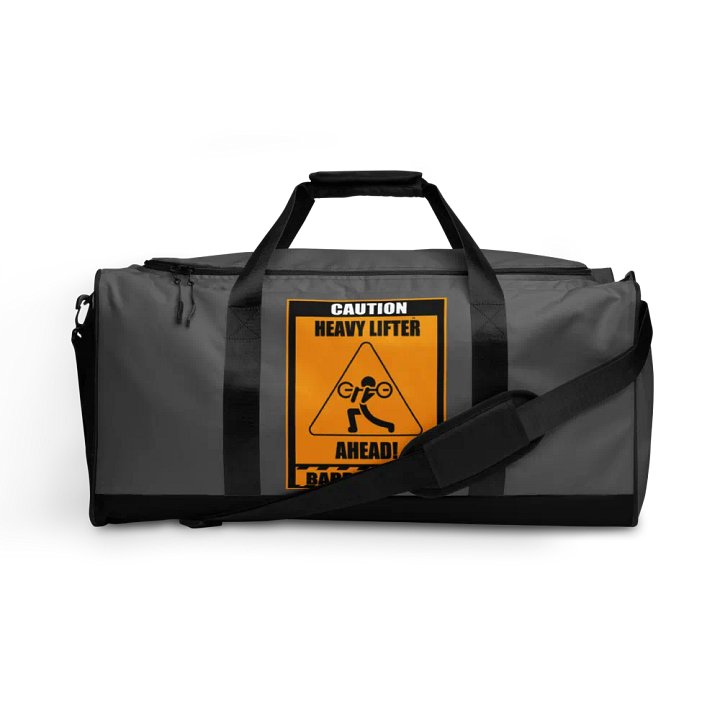 Caution Heavy Lifter Ahead-Barbell Zone Duffle Bag (Dark Gray and Black) product image (1)