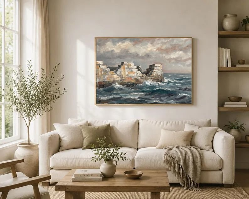 Rare Watercolor Coastal Wall Art Bundle of 3 – Sailboats in Calm Harbor, Seawall Against Crashing Waves & Sand Dunes Under Coastal Sky, Fine Detail Nautical Print product image (3)