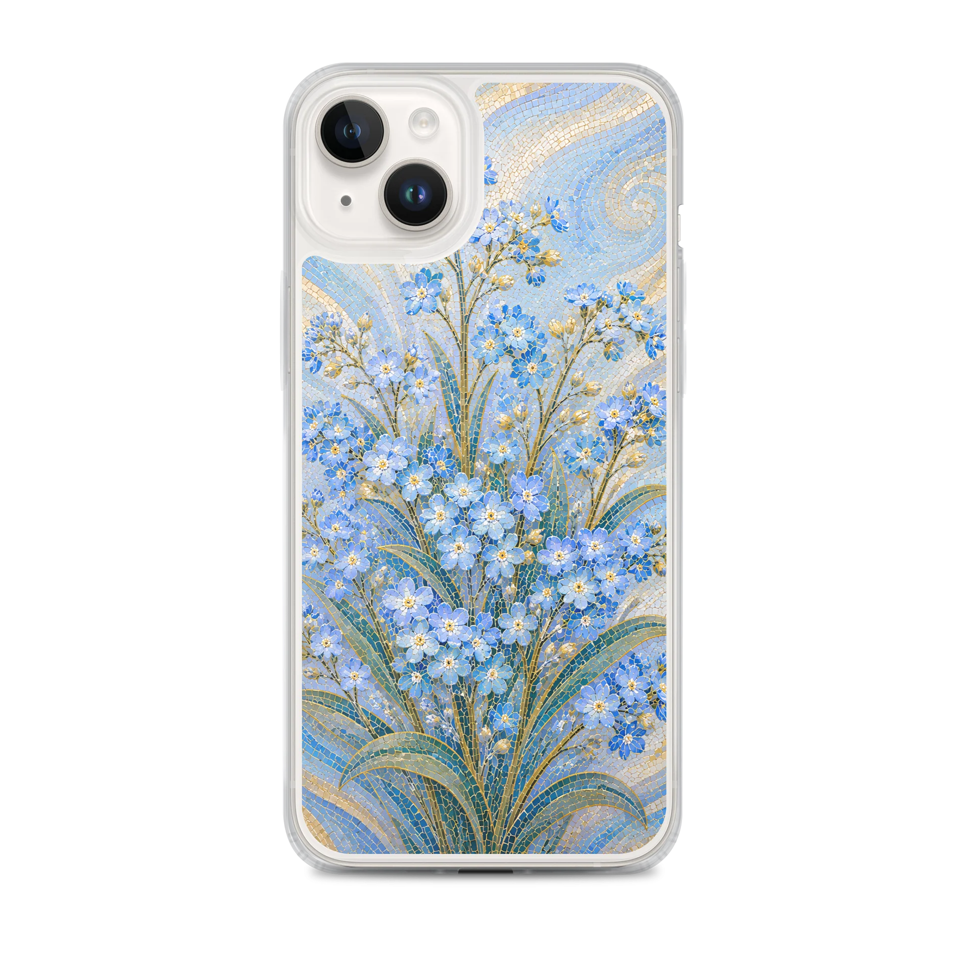 Sky Blue And Soft Gold Forget-Me-Nots Wild Flowers Mosaic Premium Soft Silicone iPhone Case - MagSafe Compatible product image (1)