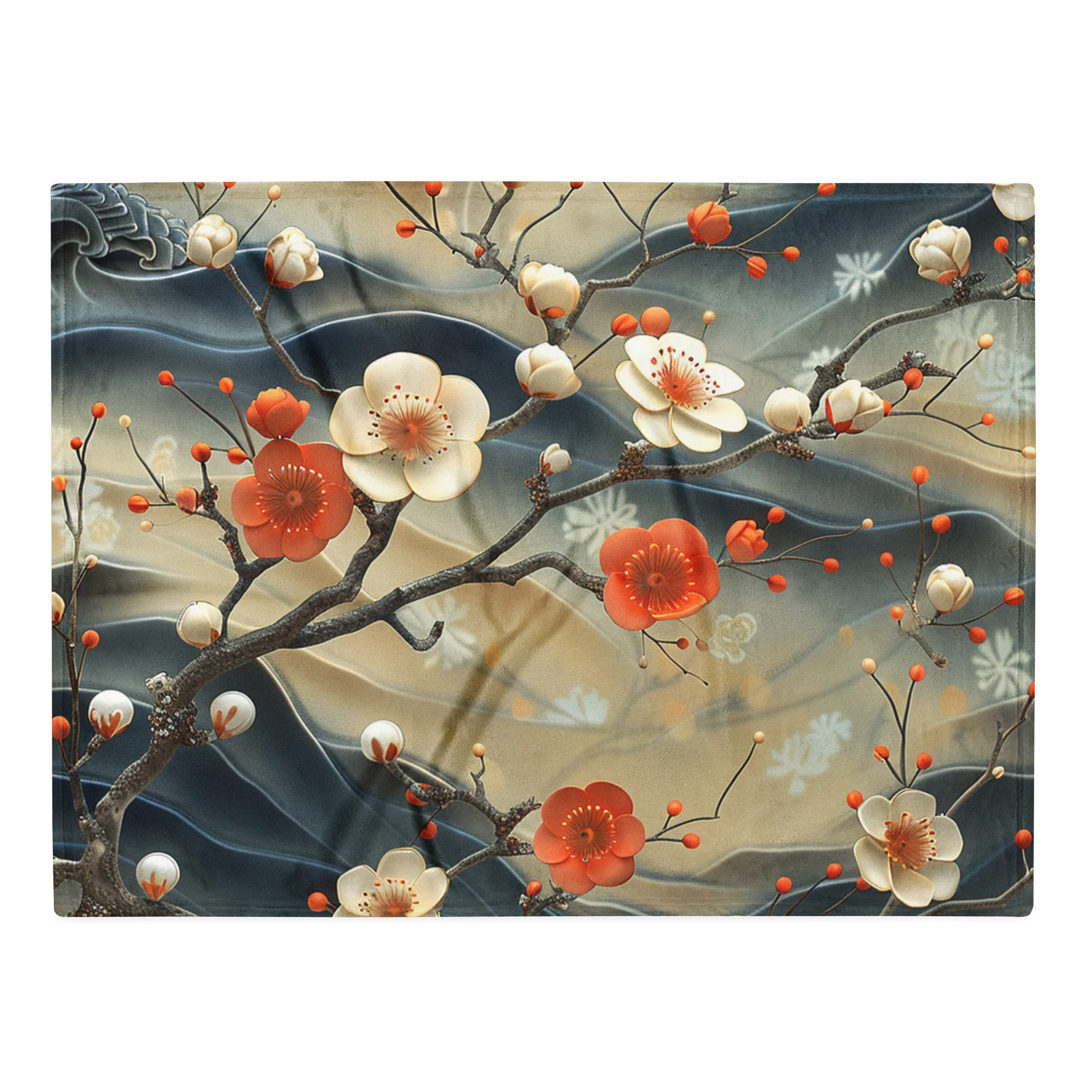 Traditional Japanese Floral Throw Blanket - Plum Blossom Aesthetic Fleece product image (1)