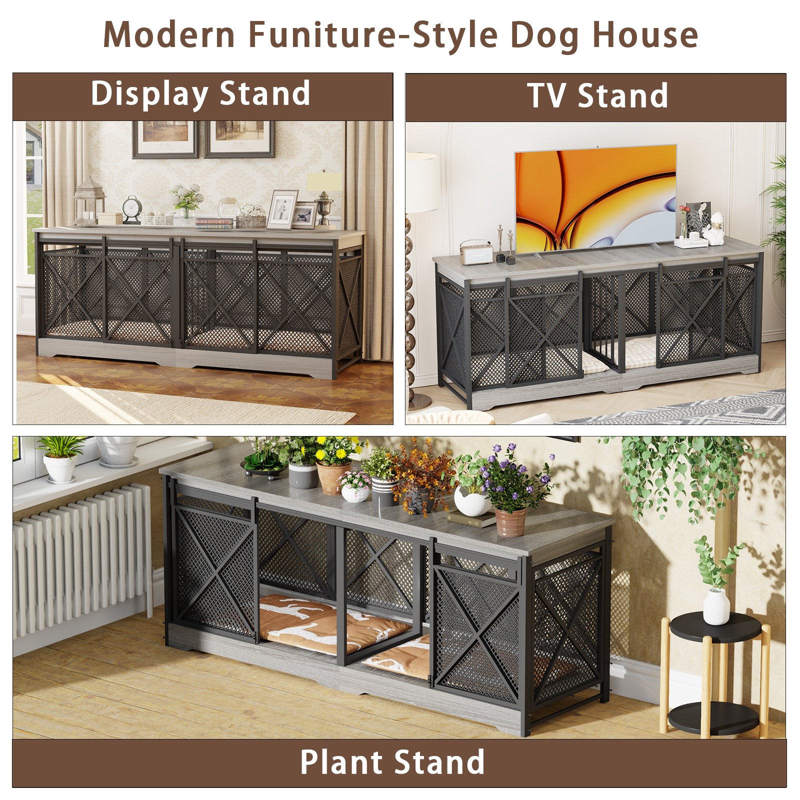 78 Inch Double Dog Crate Furniture, Extra Large Dog Kennel Indoor for Medium Large 2 Dogs, Heavy Duty Dog Cage Chew-Resistant Steel and Wooden Pet House with Removable Divider (Gray) product image (4)