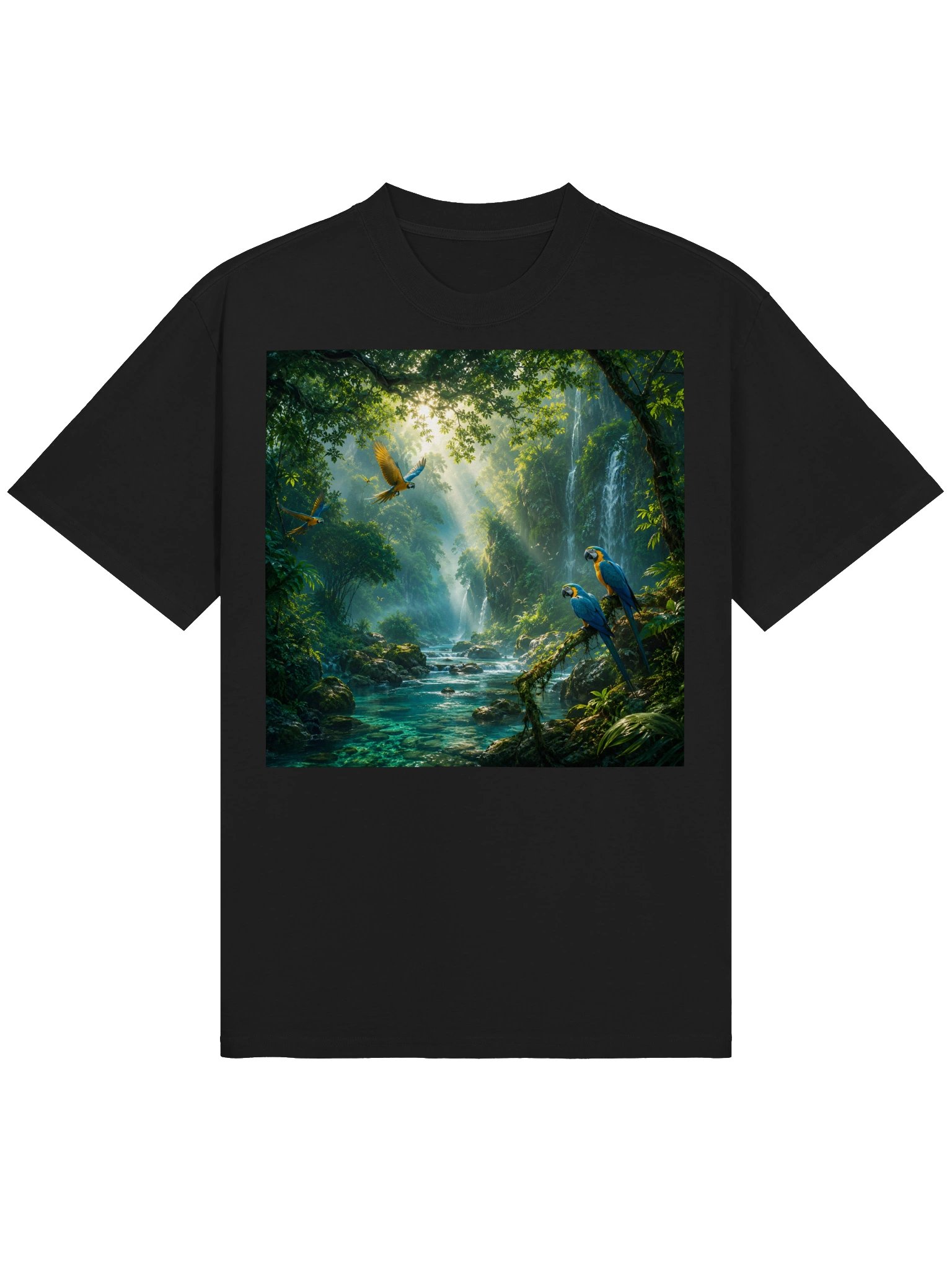 Tropical Macaw Rainforest T-Shirt | Unisex Oversized Nature Art Tee | Jungle Waterfall & Parrot Shirt product image (2)