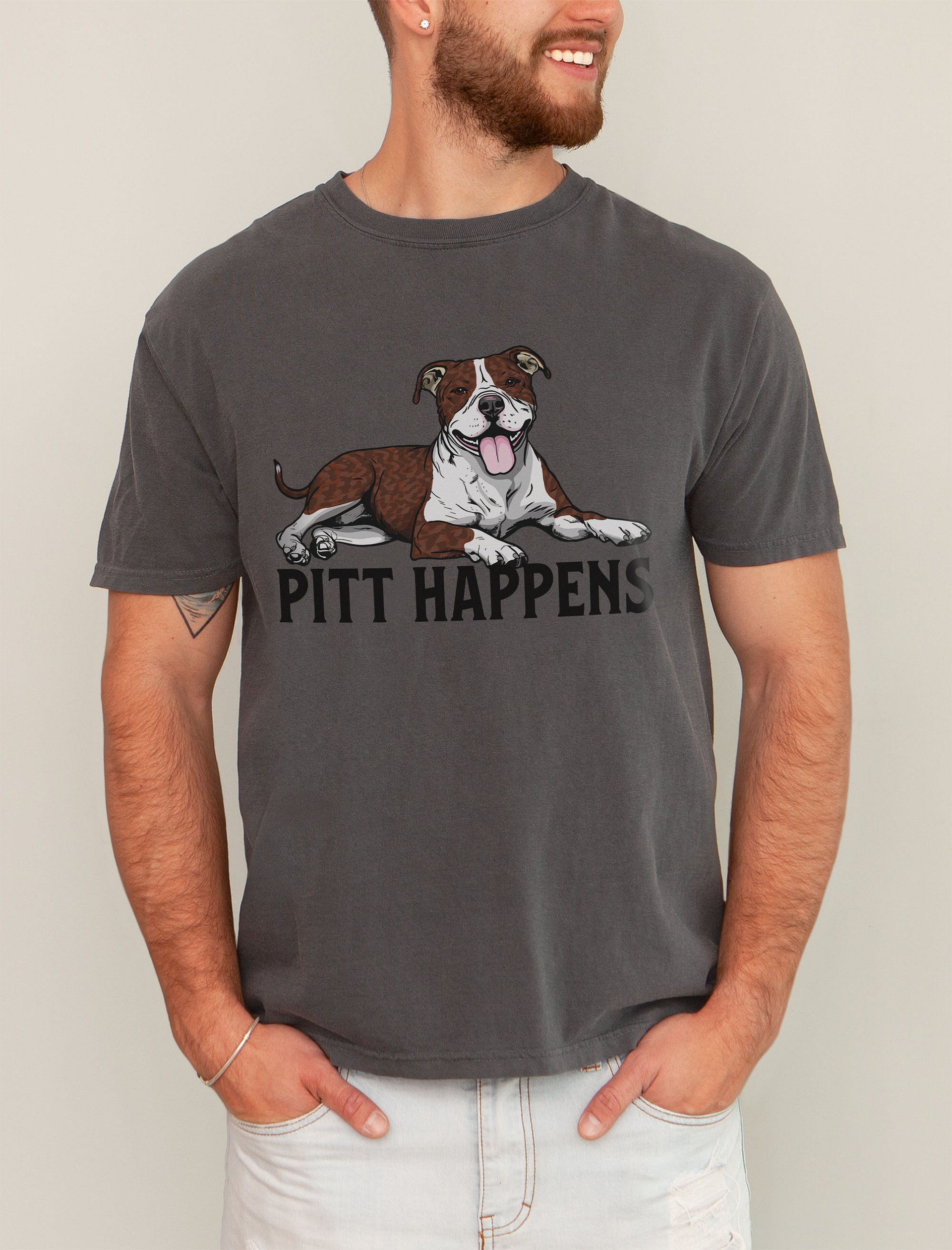 Pitt Happens T-Shirt of a Pitbull Terrier (Brindle) | Funny T-Shirt for Pittie and Staffy Paw-rents product image (2)