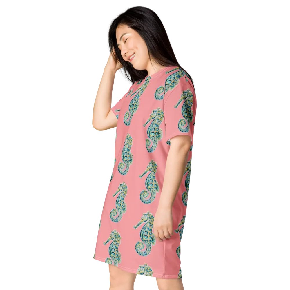 Ocean Majesty | Painted Seahorse | T-Shirt Dress | Coastal Oversized Dress | Ocean-Inspired Casual Style | Wewak Pink Background product image (3)