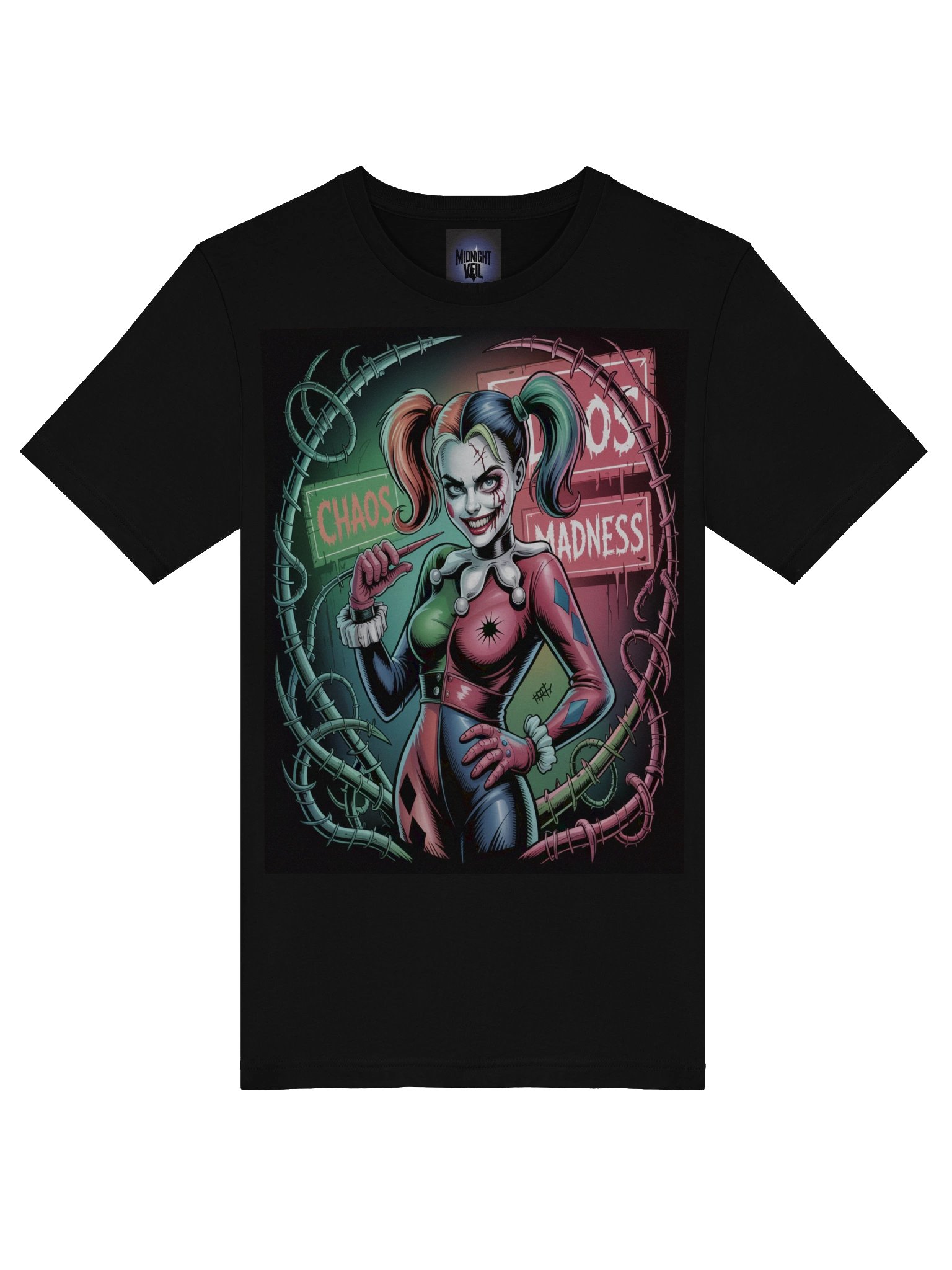 Chaos and Madness: Harley Quinn's Vine-Entwined Vortex Graphic Tee product image (7)