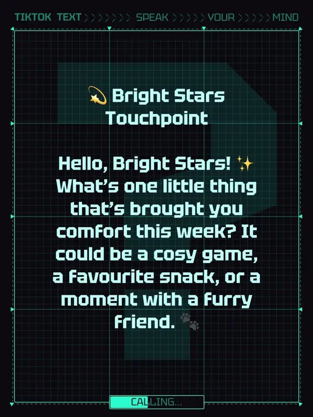 💫 Bright Stars Touchpoint Hello, Bright Stars! ✨ What’s one little thing that’s brought you comfort this week? It could be a cosy game, a favourite snack, or a moment with a furry friend. 🐾 #VTuber #CatgirlVTuber #DahliaStarbright #vtuber #envtuber 