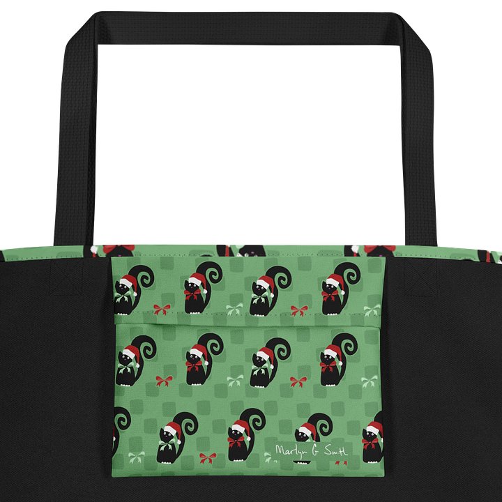 Black Christmas Kitties On Mint Green Checkerboard – Large Tote Bag product image (2)
