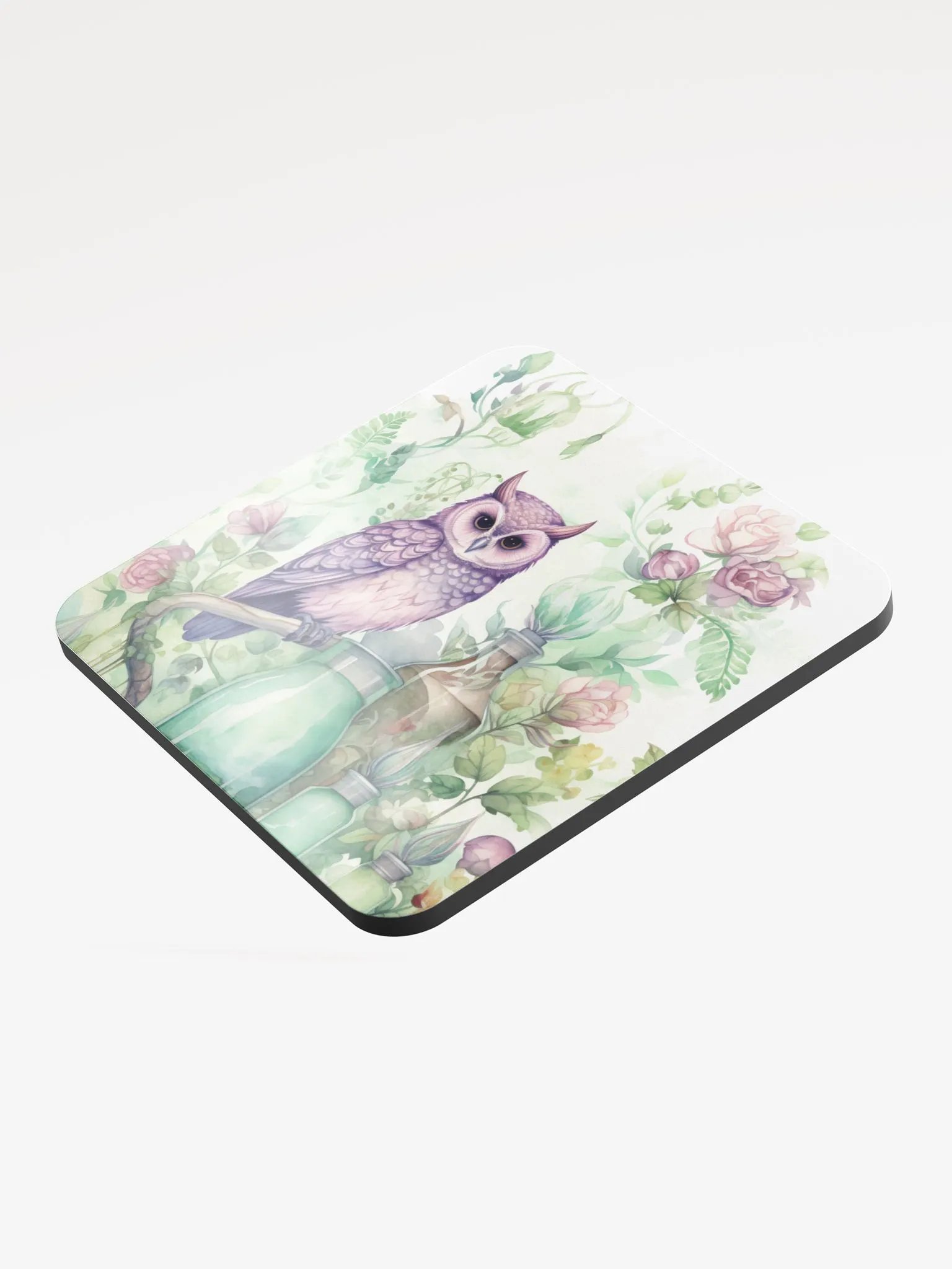 Glossed Cork Coaster 🦉 Peaceful Soft Green Theme - Owls Vibes - Motif 3 product image (3)