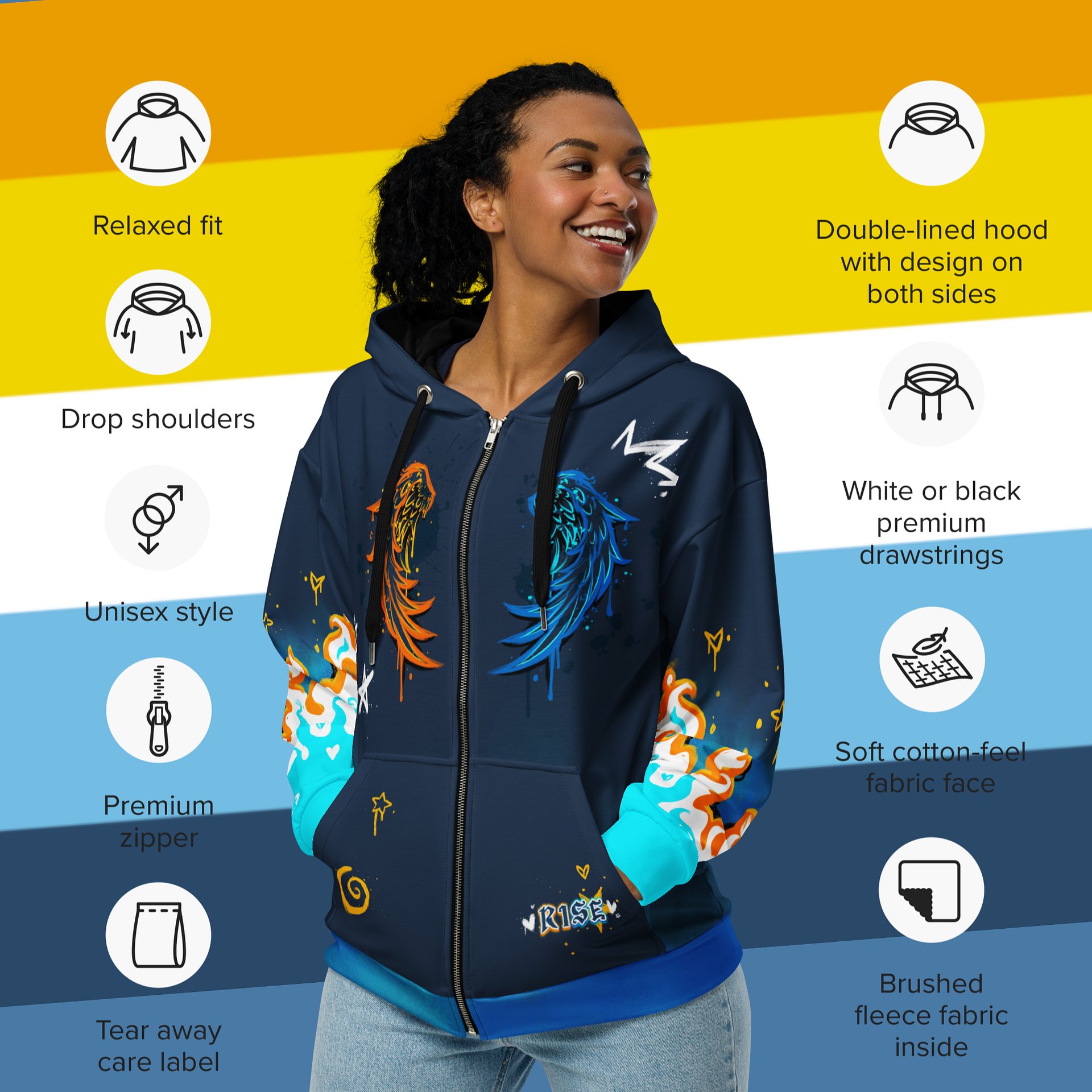 RISE Collection: Subtle Aroace Pride Phoenix Zip Hoodie - BLUE product image (5)