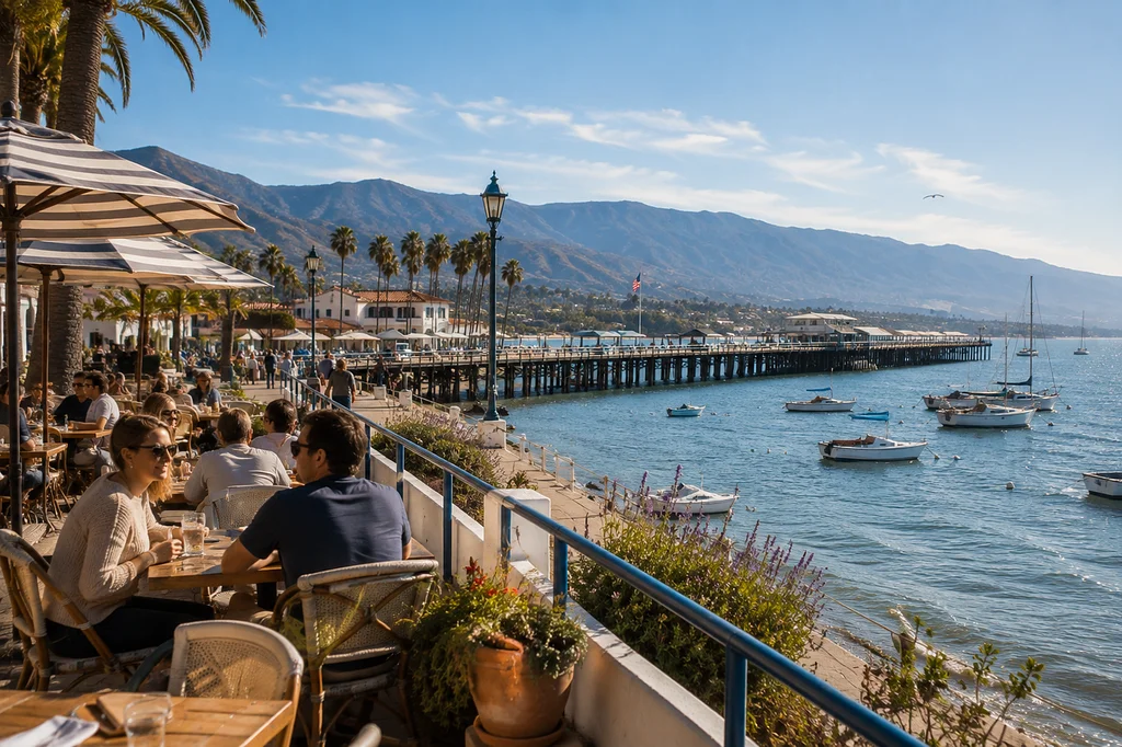 Coastal waterfront café in California with diners, striped umbrellas, palm trees, sailboats, a pier, and mountains overlooking the harbor on a sunny day.