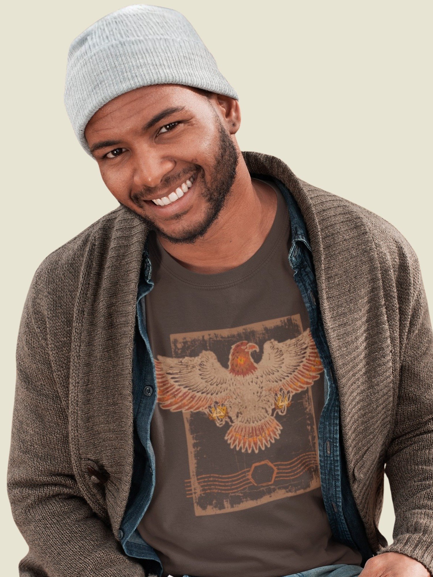 Grunge D20 Board Gaming Shirt, Brown Western Eagle Dice T-shirt product image (1)