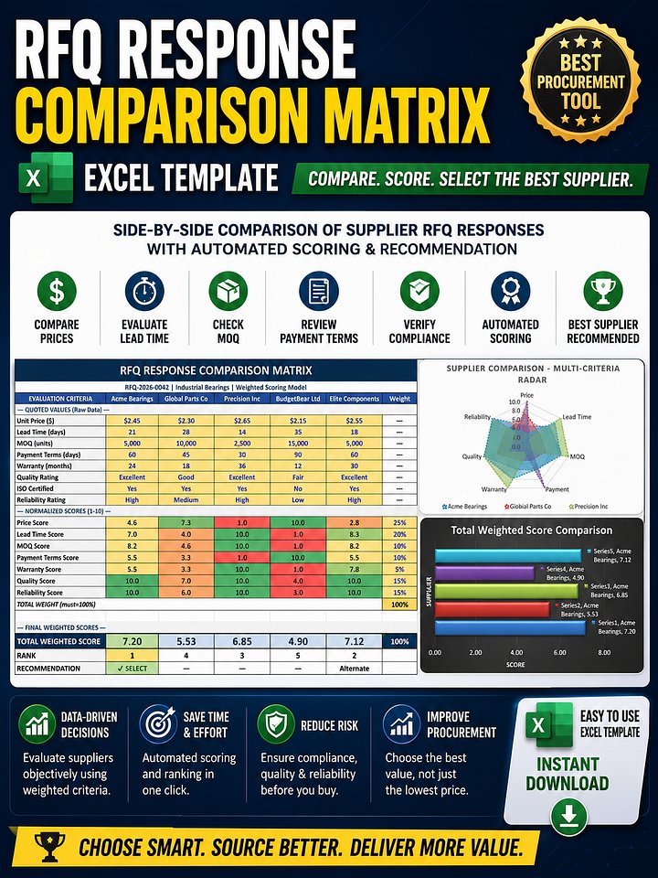 RFQ Response Comparison Matrix Excel Template | Supplier Evaluation, Vendor Scoring & Procurement Decision Tool product image (1)