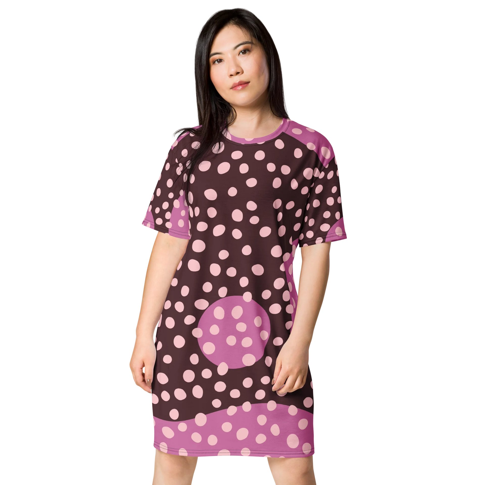 Oversized Maroon T-Shirt Dress with Pink Polka Dots product image (1)