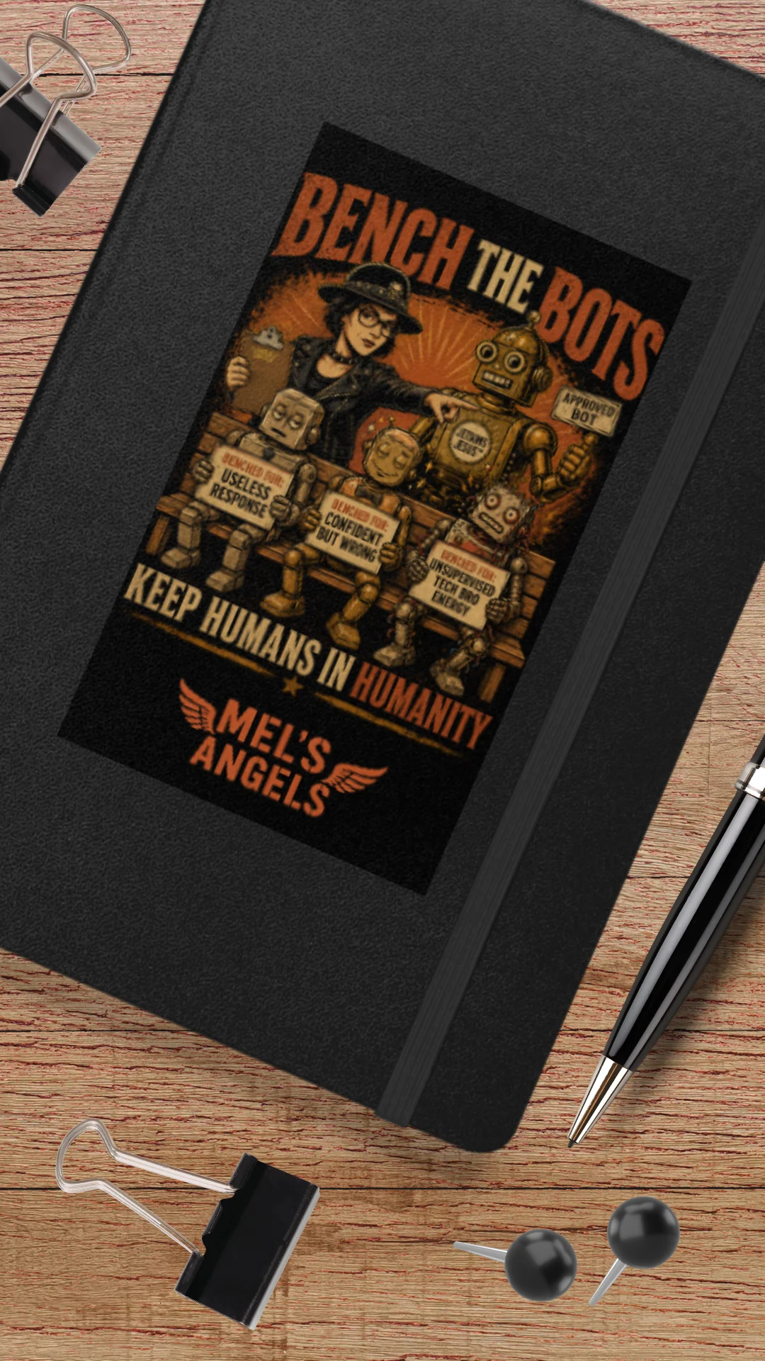 Bench the Bots Hardcover Journal | Retro AI Protest Notebook product image (1)