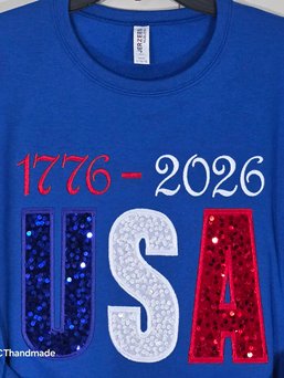 USA 1776 Gray Patriotic America 4th of July Blue Crewneck Embroidery Applique Sequin product image (1)