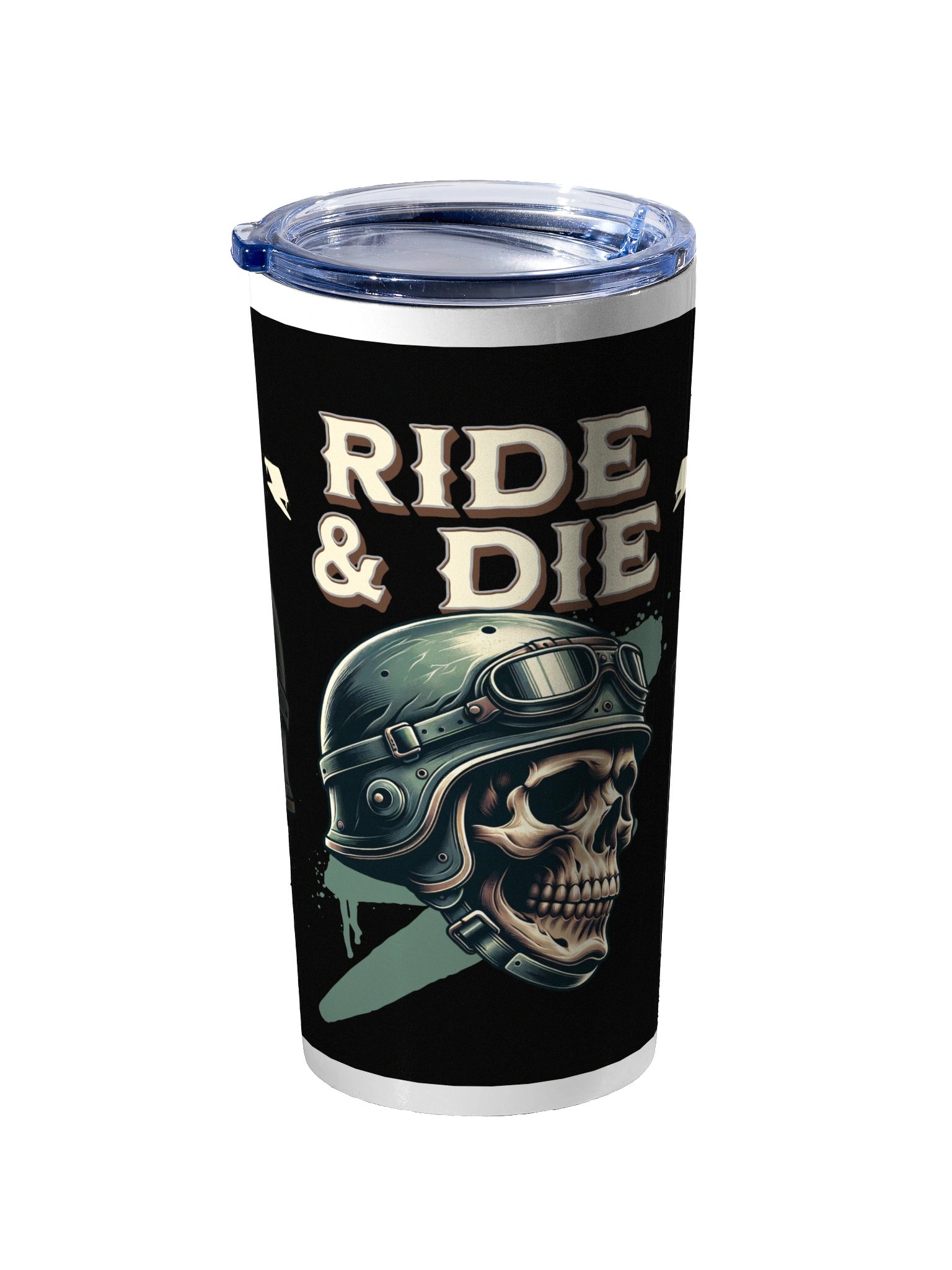20oz Stainless Steel Tumbler with Lid - Ride & Die Biker Skull Helmet Design, Insulated Motorcycle Rider Travel Cup by BoldPixel product image (3)