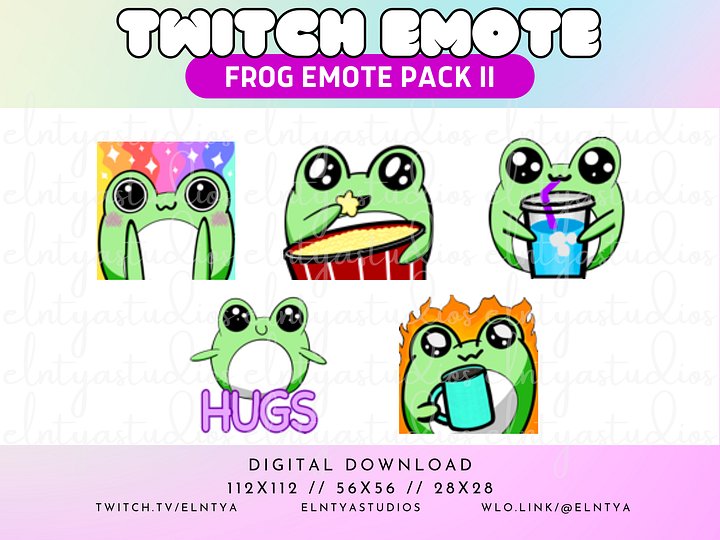 Kawaii Frog Emote Pack 2 - Pride, Popcorn/Snack/Snacc, Hydrate, Hugs, Fire/This is Fine Froggy product image (1)