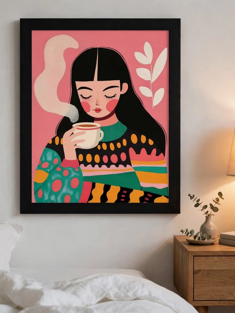 Cozy Coffee Girl - Colorful Boho Wall Art Print | Pink Pastel Illustrative Poster product image (3)