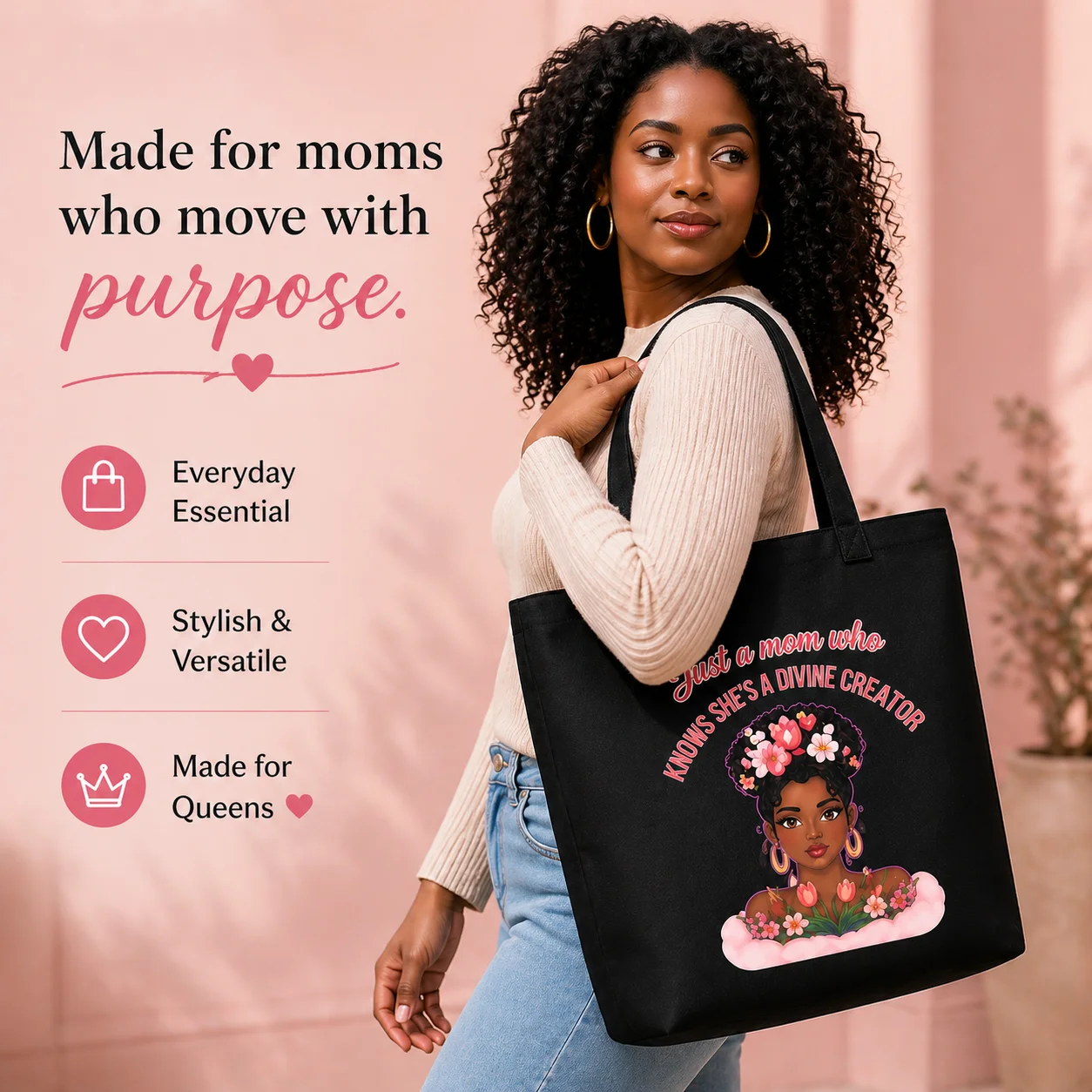 Just a Mom Who Knows She’s a Divine Creator Large Tote Bag | AOP Custom Tote w/ Pocket | Stylish Mom Bag | Everyday Carry | Gift for Mom product image (1)