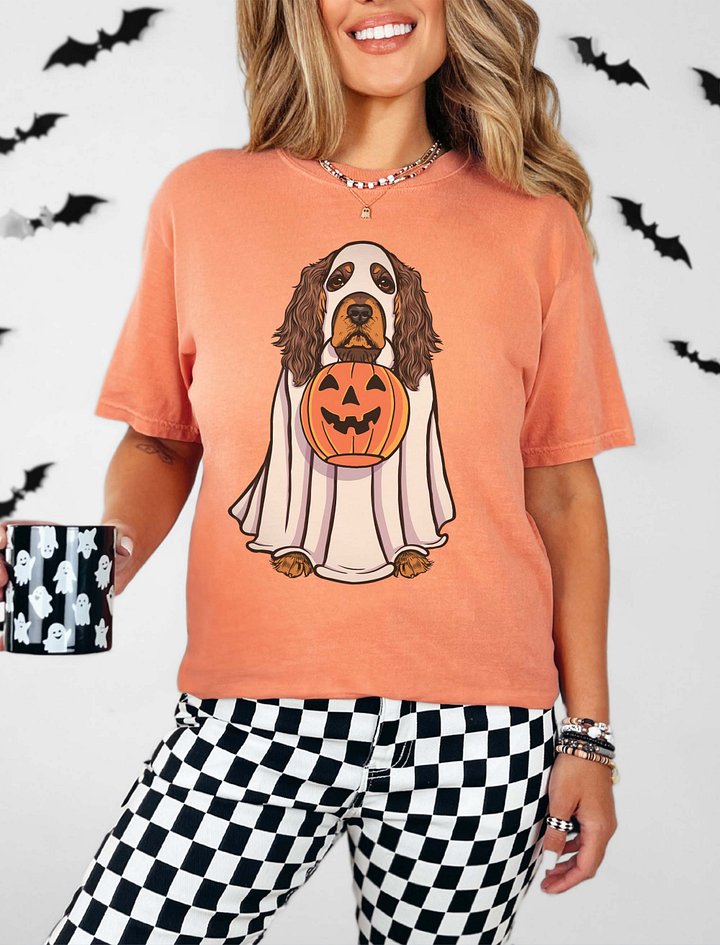 Funny Halloween Cocker Spaniel(Liver & Tan) T-Shirt | Funny Cocker Spaniel Wearing a Ghost Costume and Holding a Pumpkin Basket product image (2)