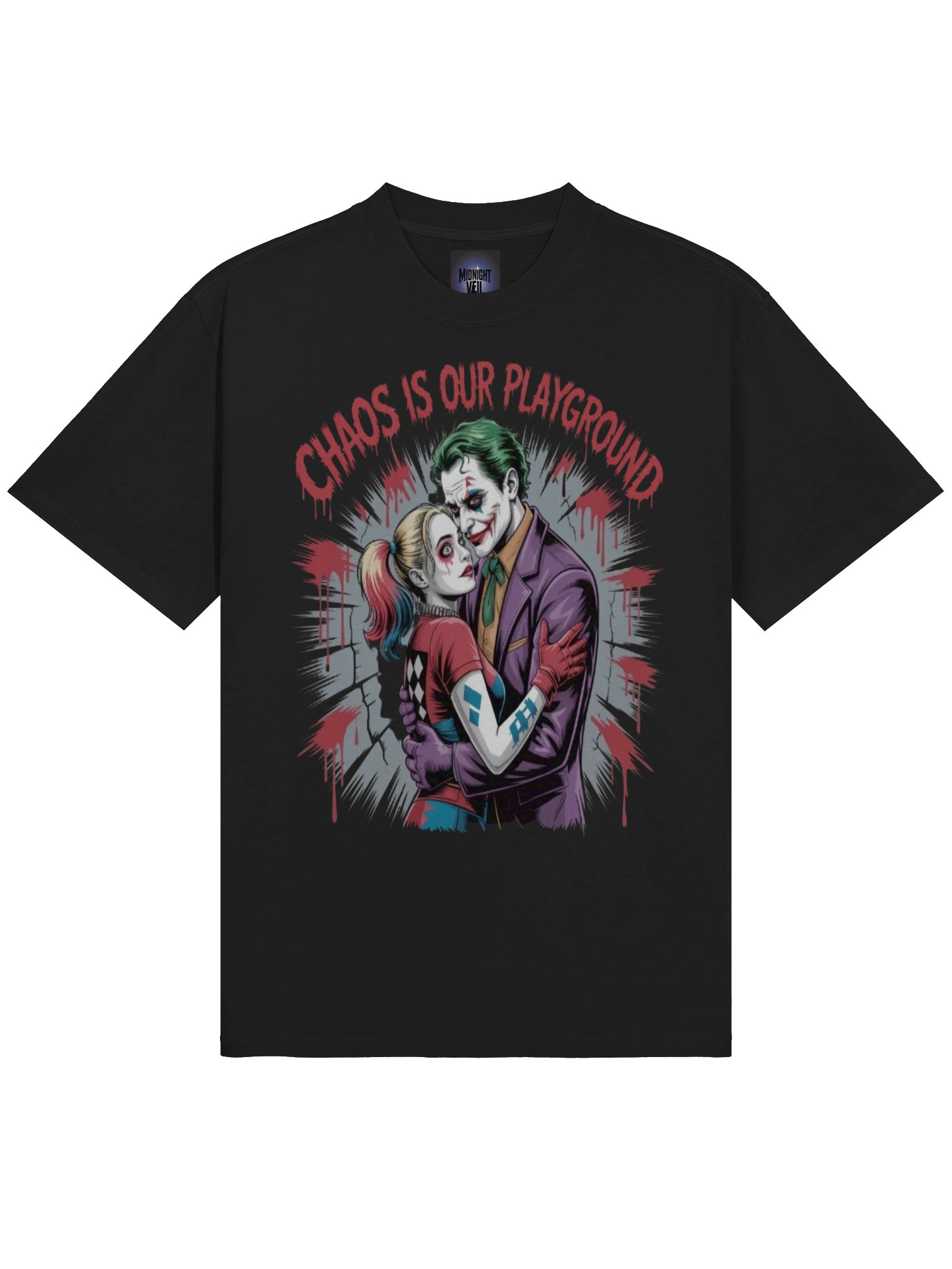 Chaotic Liaison: Joker & Harley Quinn Oversized Faded T-Shirt product image (5)