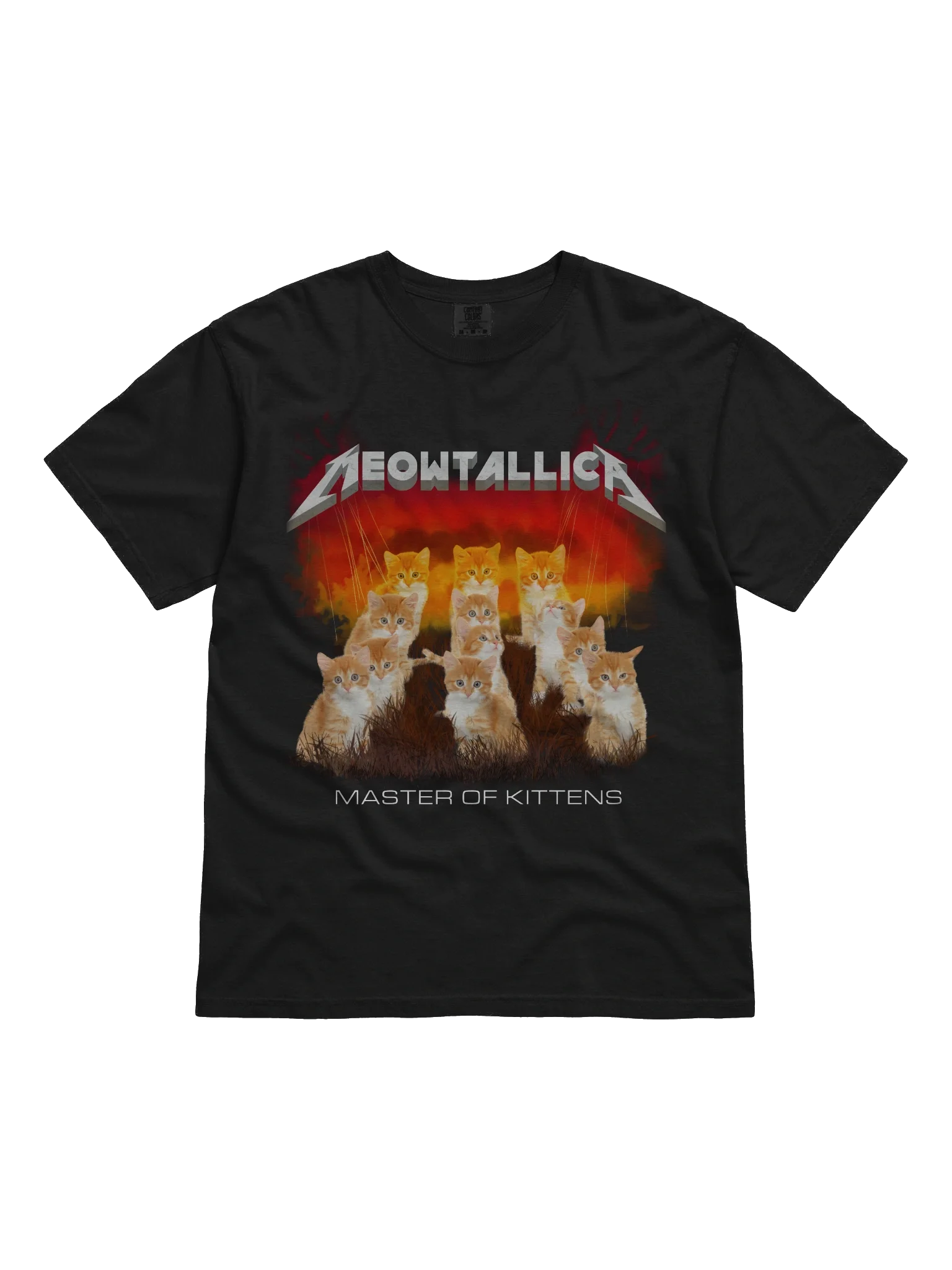 Meowtallica Master Of Kittens t-shirt with ginger kittens on puppet strings over scorched grass - a cat parody shirt and gift for cat lovers