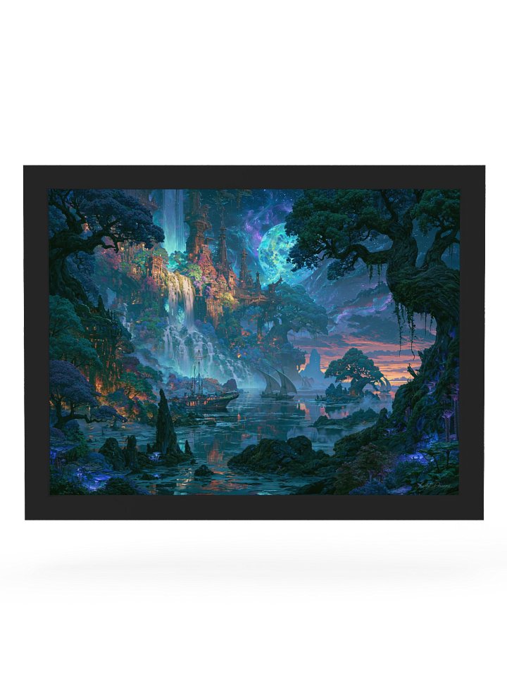 Moonlit Harbor Framed Art Print — Moonlit Castle Harbor