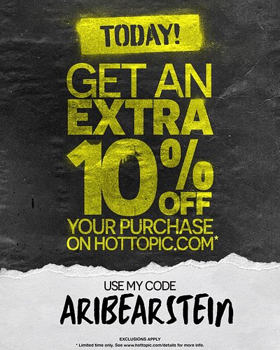 For the next 24 hours get 10% off @hottopic! 💛

#HTPP #HotTopic #HotTopicPromo