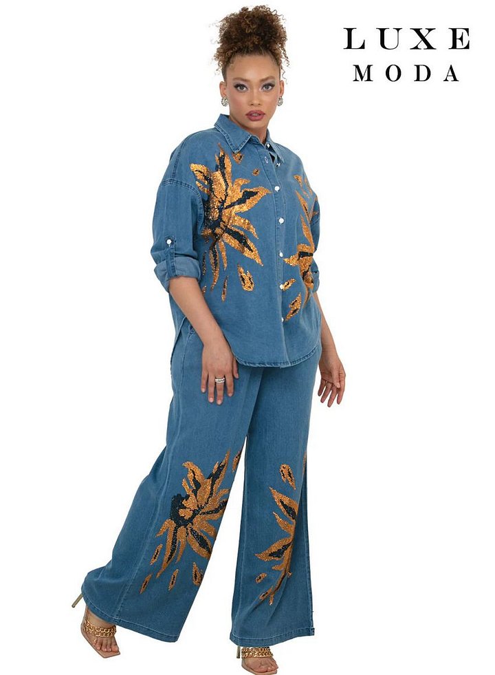 Amber Sequin Floral Denim Top & Pant Set - 2pc Opulent Suit product image (1)
