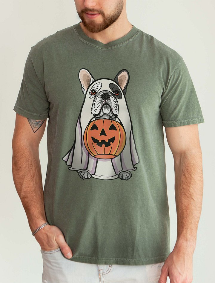 Funny Halloween French Bulldog(Pied) T-Shirt | Funny Frenchie Wearing a Ghost Costume and Holding a Pumpkin Basket product image (2)