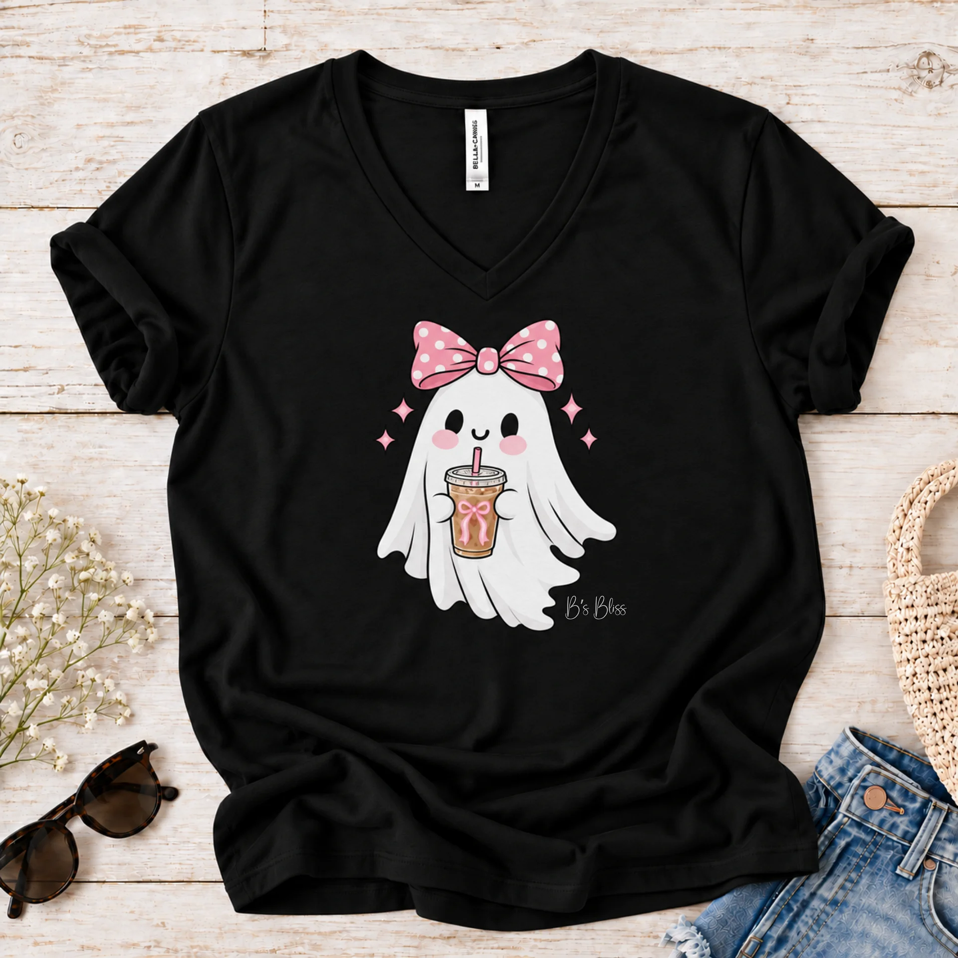 Cute Ghost with Iced Coffee V-Neck Graphic T-Shirt product image (1)