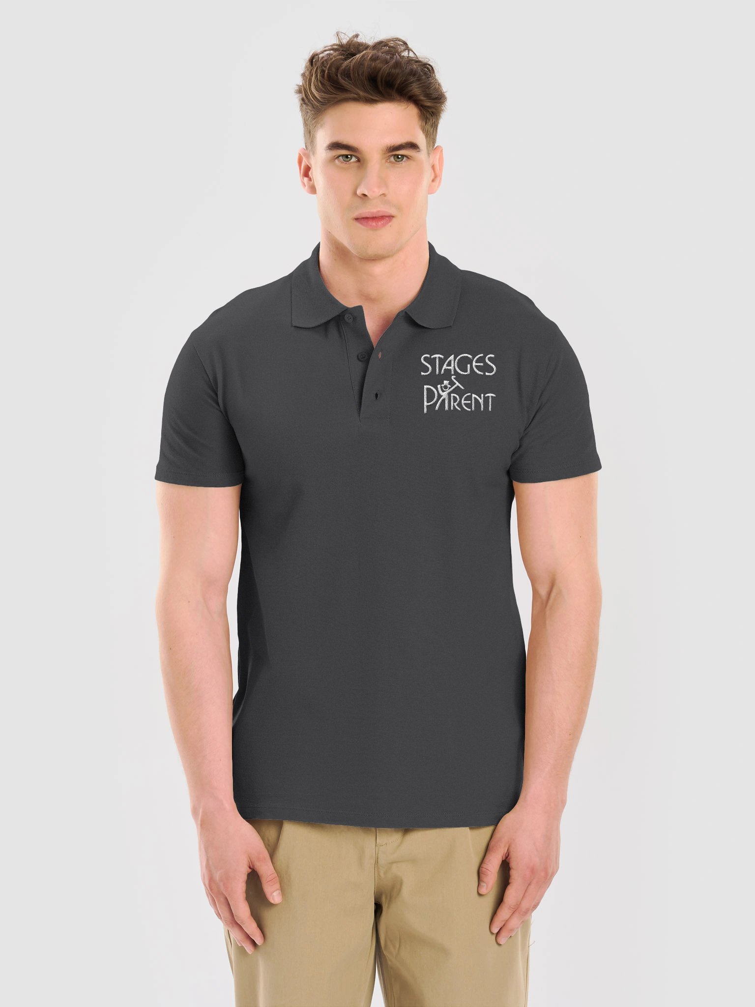 Unisex Dark Polo Shirt - White Embroidered "Stages Parent" product image (9)