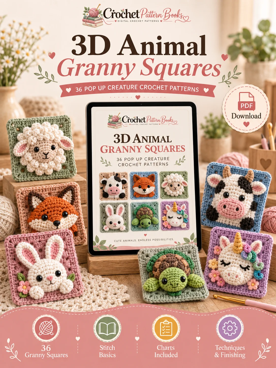 3D Animal Granny Squares 36 Pop Up Creature Crochet Patterns PDF Ebook product image (1)