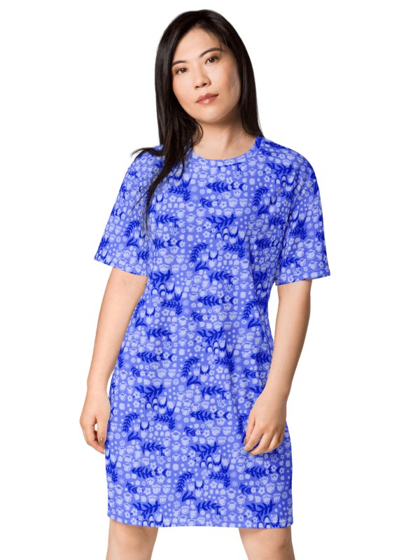Periwinkle Blue Floral T-Shirt Dress | Coastal Botanical Summer Dress | Relaxed Fit Casual Blue Dress product image (1)
