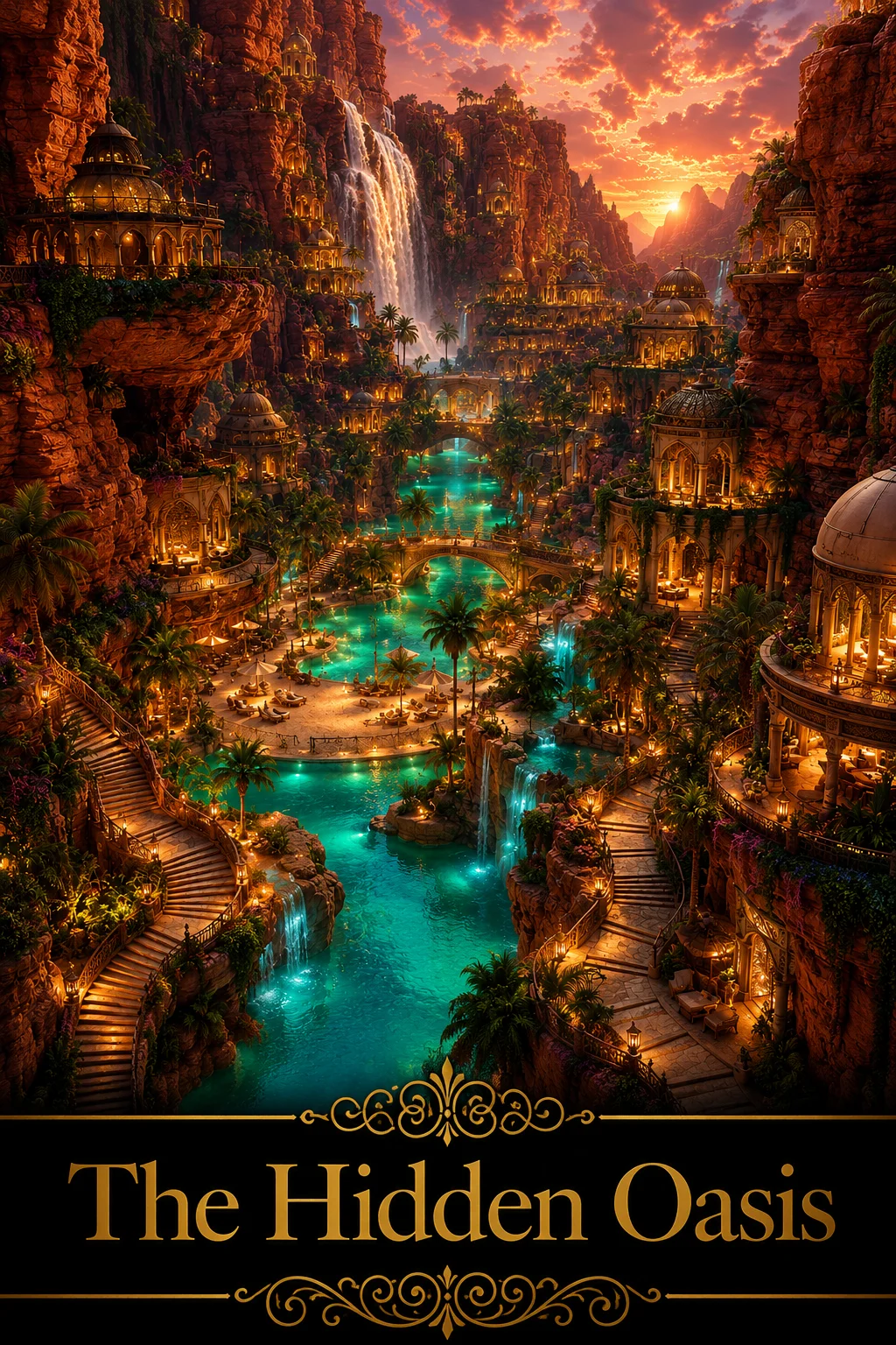 The Hidden Oasis - Fantasy Cliffside Waterfall City Wall Art product image (1)