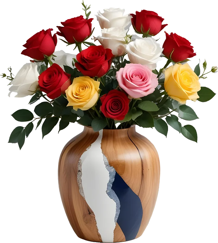 Wood and Navy Cracked Resin Vase with Multicolor Roses PNG product image (1)