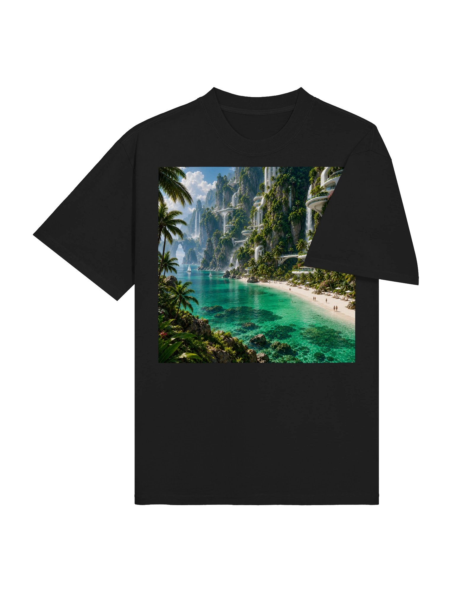 Emerald Tropical Paradise T-Shirt | Futuristic Beach & Ocean Art | Unisex Oversized Tee product image (5)