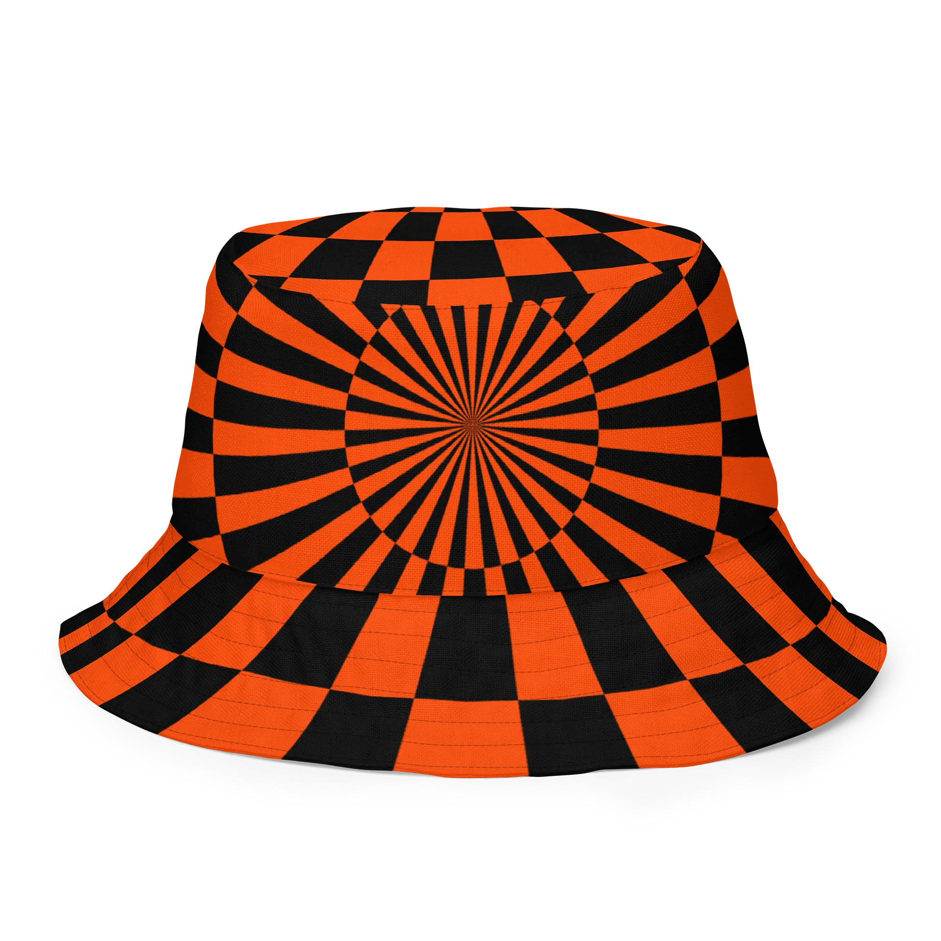 Psychedelic Rave Reversible Bucket Hat, Halloween Orange Black Purple Checkers Circus Accessory, Spiral Trippy Techno Festival Fashion product image (3)