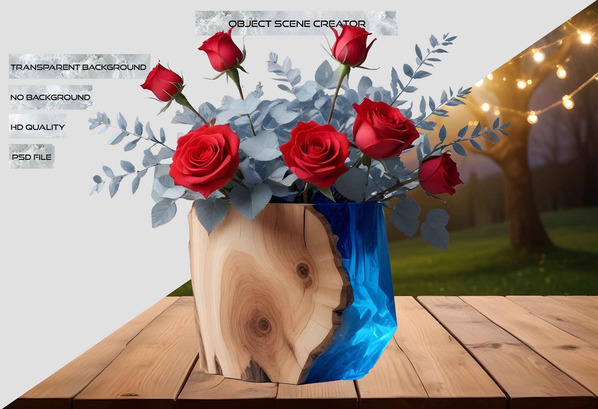 Blue Radiance – Wood and Resin Rose Vase PNG product image (2)