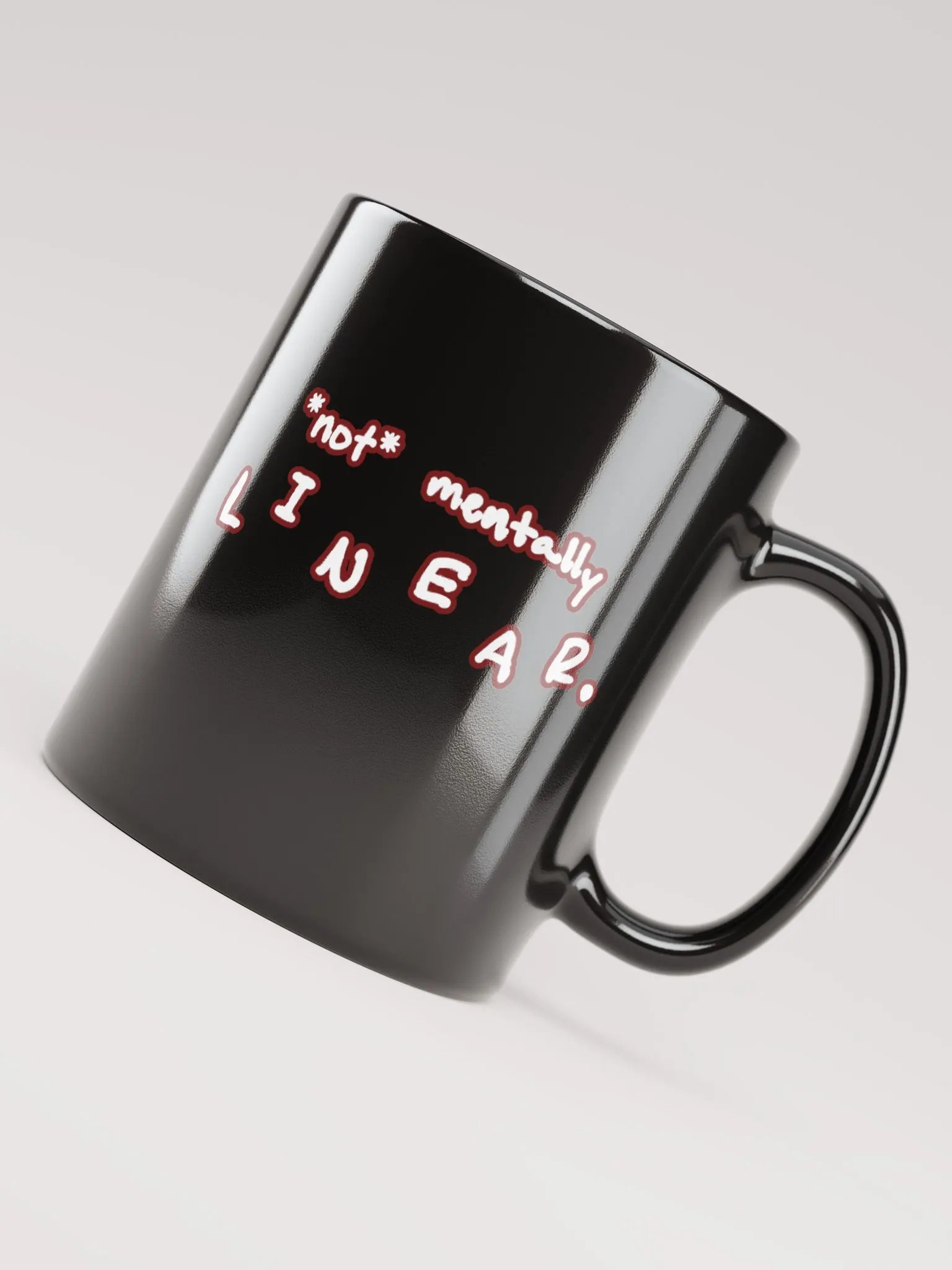 *not* mentally linear (lined design, #6D1616) glossy black mug product image (5)