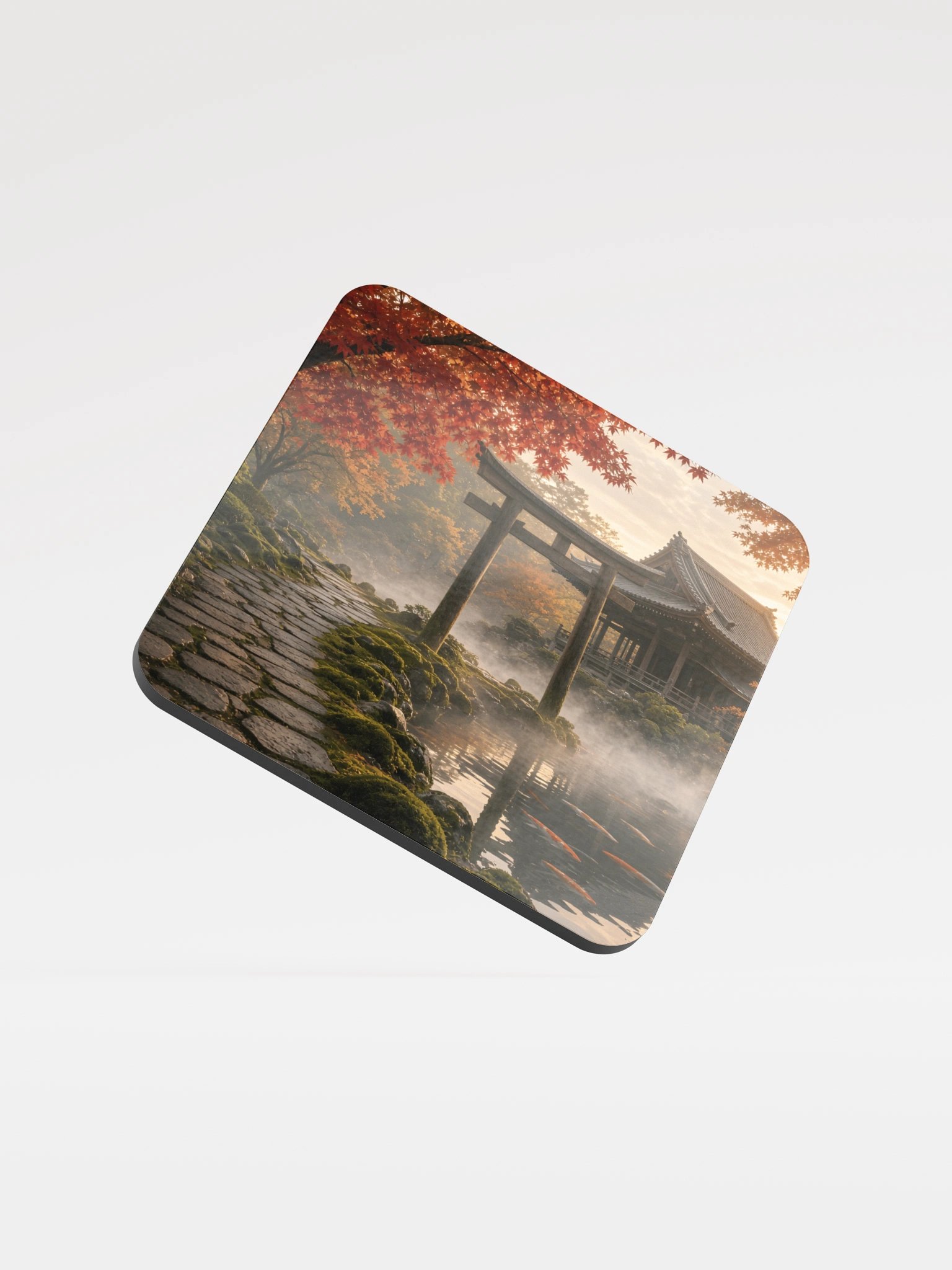 Japanese Torii Gate Autumn Garden Glossed Cork Coaster | Aesthetic Asian Landscape Drink Coaster product image (1)