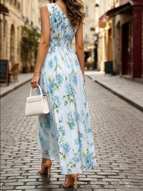 Shop the EMERY ROSE Pink Asymmetrical Peony Print Chiffon Long Dress at ADLEST. Perfect elegant vacation and summer outfit for weddings, parties, and daily wear. product image (6)