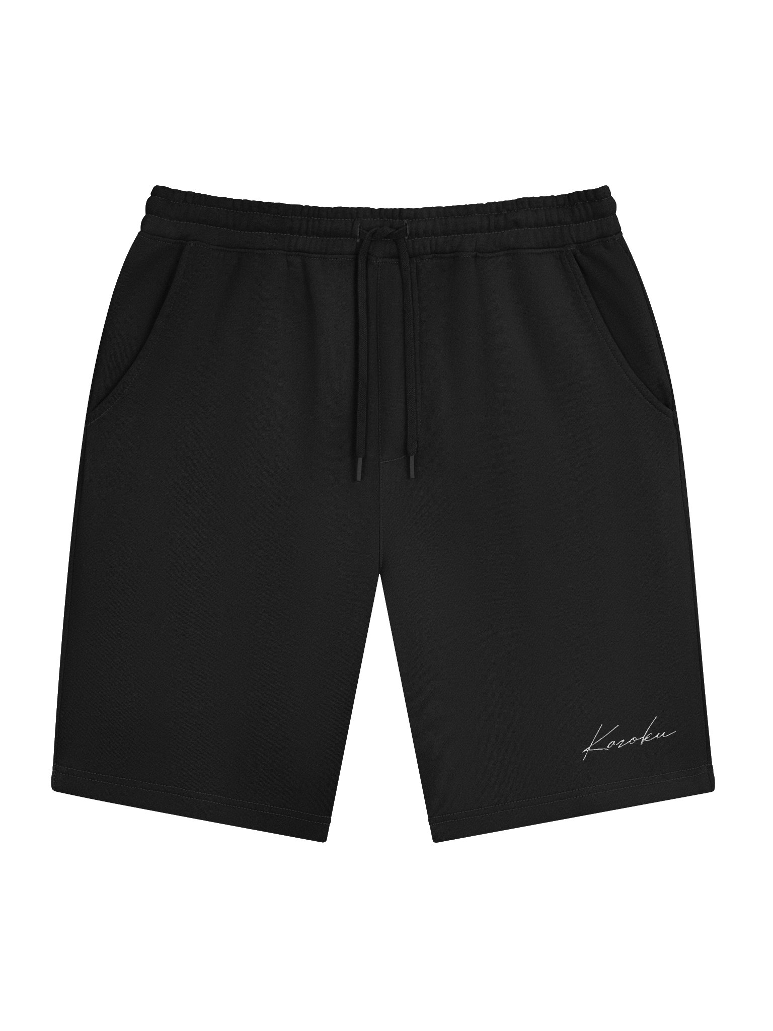 Short homme noir Kazoku Sport vu de face, photo produit Fourthwall avec signature sur la cuisse