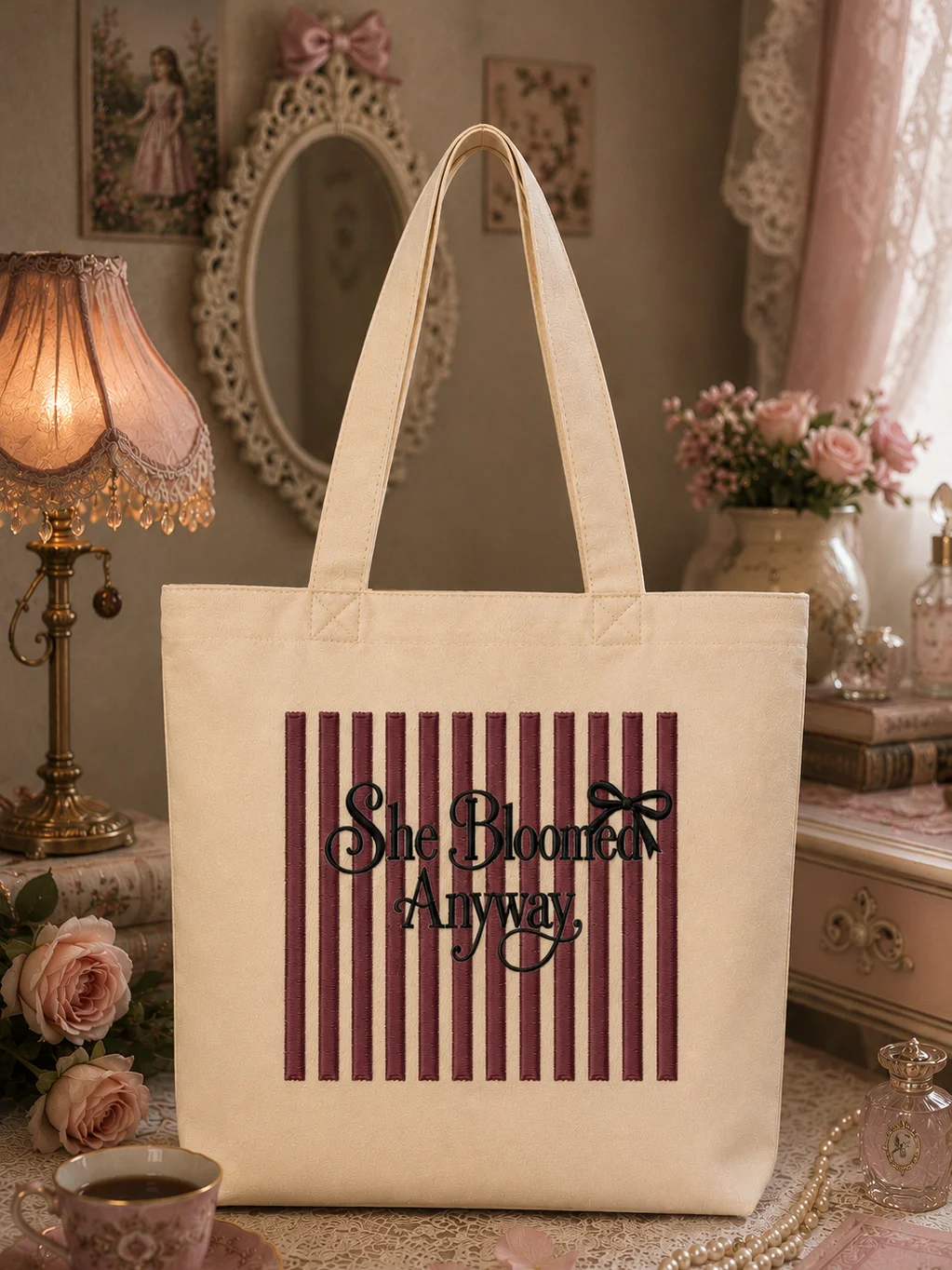She Bloomed Anyway Tote Bag | Vintage Coquette Organic Cotton Canvas Bag product image (2)