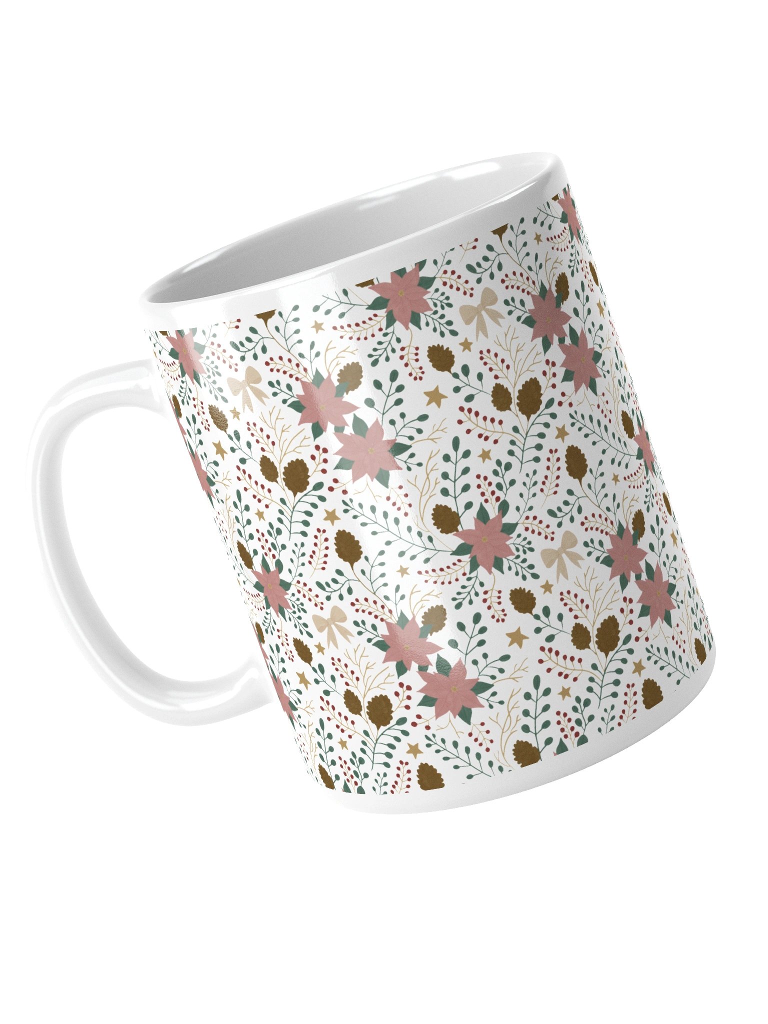 White glossy mug enchanted forest blooms. Botanical Christmas mug with poinsettias and winter details product image (12)