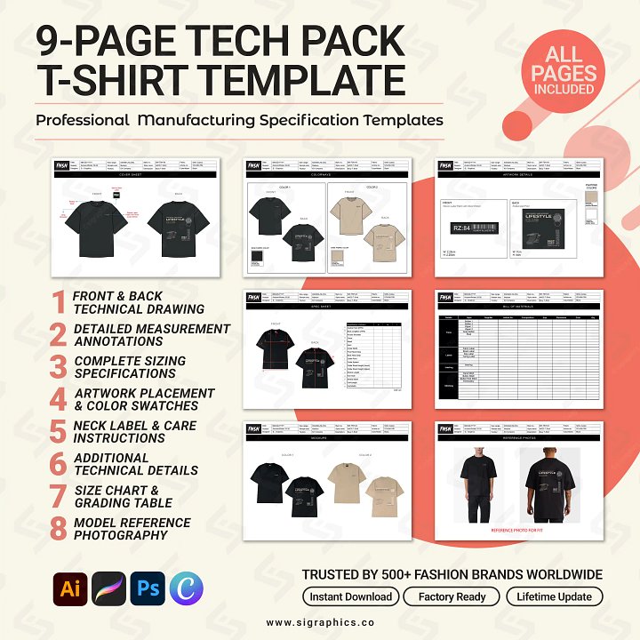 Streetwear Graphic Tee-Shirt Tech Pack Template product image (2)